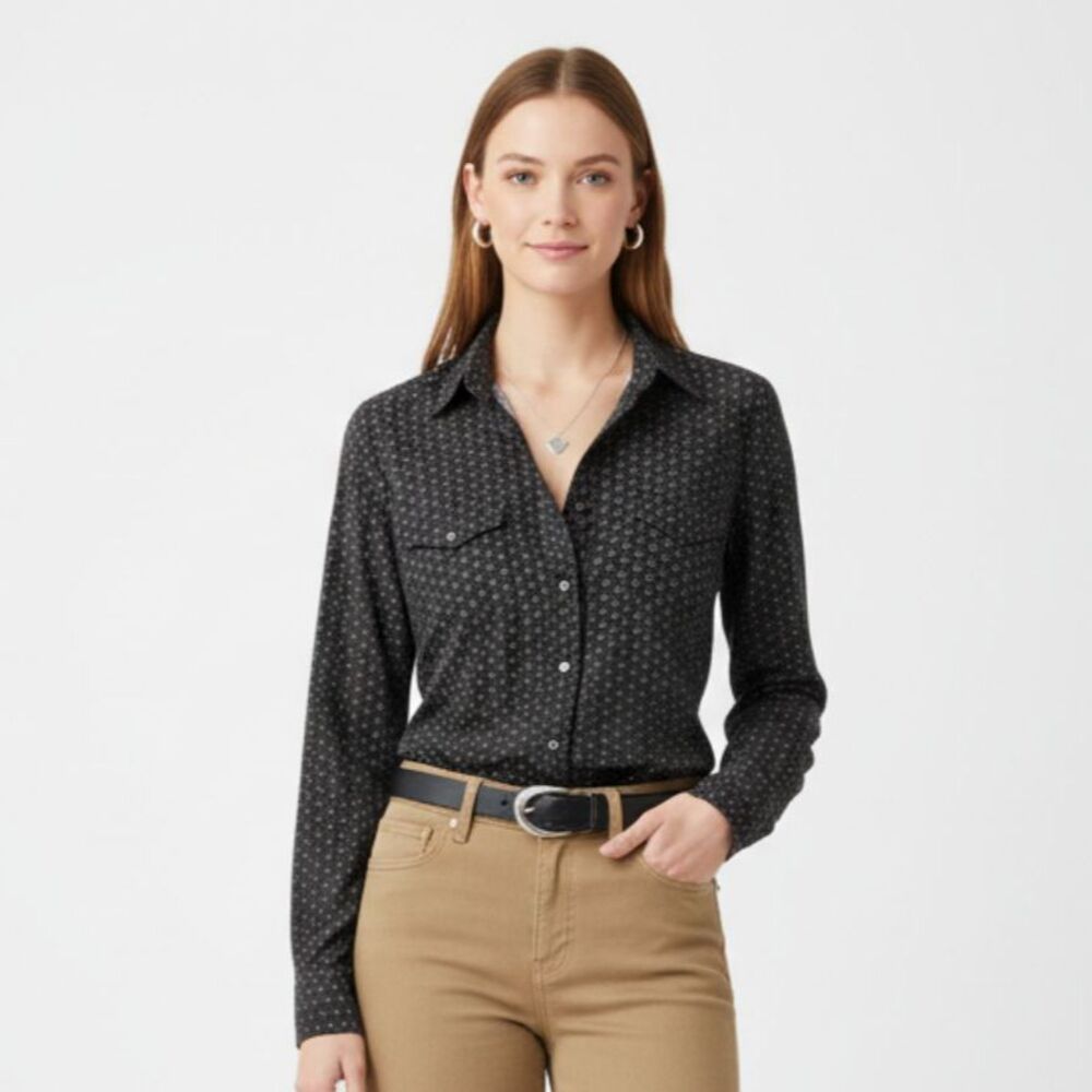 Panhandle Gray &‎ Black Print Pearl Snap Long Sleeve Western Cowgirl Rodeo Top S